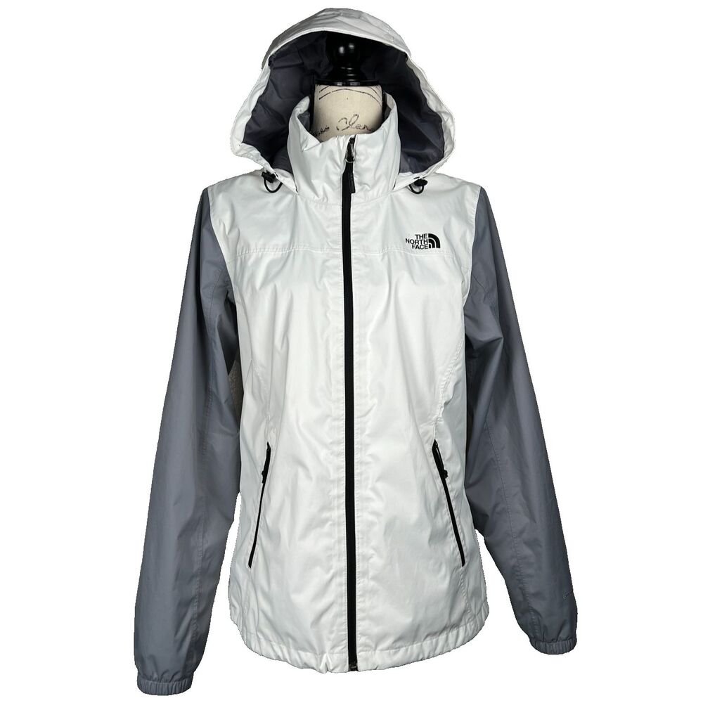 The North Face DryVent Rain Jacket Sz Womens L White Gray Hooded Windbreaker Zip